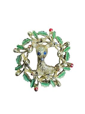 Vintage Gold-tone Deer Wreath Brooch with Green Leaves and Red Berries